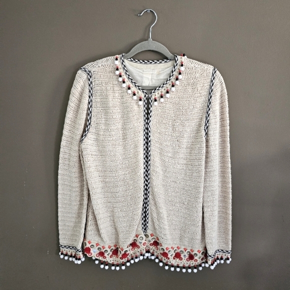 Tory Burch Embellished Linen Jacket Blazer Woven Jewelled Pom Pom Sweater - Picture 2 of 13